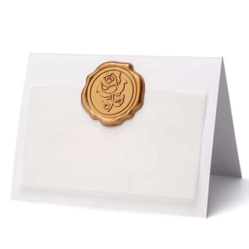 25 Pack Name Cards for Table Setting, Printable Place Cards with Antique Gold Rose Wax Seal Sticker for Wedding, Table Tent Card Stock Decor for Party, Dinner, Home (Pearlized White) - color: Pearlized White
