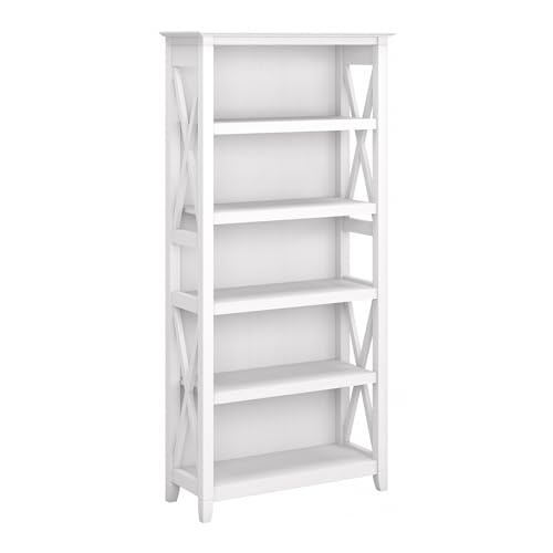 Bush Home Tall 5 Shelf Bookcase for Living Room or Home Office, Large Bookshelf, Modern Farmhouse Style, Key West Collection, Pure White Oak - color: Pure White Oak, size: 5 Shelf