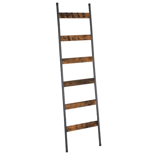 HOOBRO Blanket Ladder, 6-Tier Towel Rack with Hooks, Wall-Leaning Blanket Rack, Decorative Display Ladder Shelf, Scarves, Industrial, Living Room, Bedroom, Rustic Brown and Black BF66CJ01 - color: Rustic Brown + Black, size: 17.3"L x 72.6"W