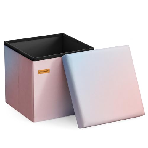 SONGMICS Folding Storage Ottoman Bench, Linen Fabric, Storage Chest, Foot Rest Stool, Holds up to 286.6 lb, 11.8 x 11.8 x 11.8 in, Bedroom Bench, Pink-Blue Ombre, Minota Collection ULSF028X101 - color: Pink-blue Ombre, size: 11.8"D x 11.8"W x 11.8"H