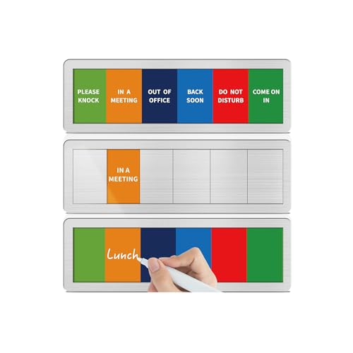 Office Door Signs with 6 Printed Status Options – Do Not Disturb, Out of Office, In a Meeting, Please Knock, Back Soon, Come on in – Includes Custom Personalized Blank Sticker for Privacy Workspace or Studio Available and Away - style: Brushed Silver-Come