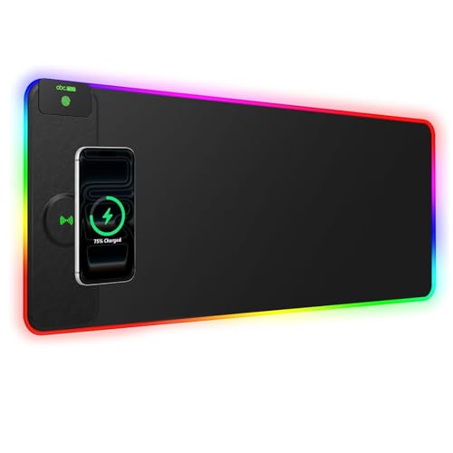 XL RGB Gaming Mouse Pad with 15W Magnetic Wireless Charging, 31.5'' x 11.8'' Extra Large LED Mousepad, 24 Lighting Effects Desk Mat with Non-Slip Rubber Base, Waterproof Ultra-Smooth Surface - color: RGB-31.5"x11.8"