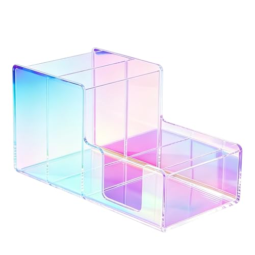 Iridescent Acrylic Desk Organizer with 3 Compartments - Clear Pencil Holder for Office, School & Home - Large Capacity Stationery Storage for Pens, Scissors, Sticky Notes, Paper Clips - Non-Slip Base - color: Iridescent