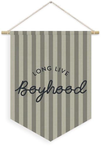 Boys Room Decor, Long Live Boyhood Boy Nursery Linen Canvas Banner, Grey Striped Wall Hanging Pennant Flag Banner for Boys Nursery Kids Toddler Room Bedroom Playroom Decor, 15x11in - color: boyhood-Vertical Stripes Beige Gray