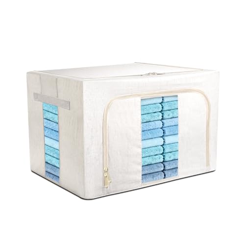 Foldable Clothes Storage Bins with Solid core powder-coated steel fram, 24/ 66L Storage Bags Fabric Box Organizer with Clear Window Zippers Sturdy Handles 2 Pack (Beige, 66L 1Pack) - size: 66L 1Pack