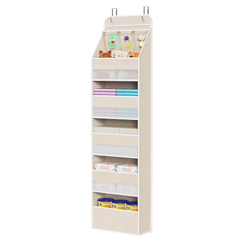 Univivi 6-Shelf Over Door Hanging Organizer Fabric Baby Door Storage with 5 Extra Large Capacity Pockets Behind the Door Hanging Storage Organizers Easy Install Door Storage for Baby Essential (Beige) - color: Beige Pattern, size: 6 LAYER