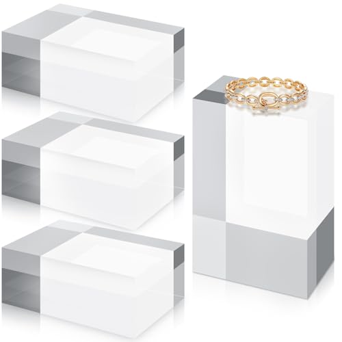 Qunclay 4 Pcs 6 x 4 x 2.36 Inches Acrylic Square Display Block Clear Polished Acrylic Cubes Jewelry Display Stand for Jewelry Ring Showcase Holder Base Collections - size: 6 x 4 x 2.36 Inches