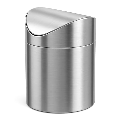 Small Mini Trash Can with Lid, Brushed Stainless Steel Small Tiny Mini Trash Bin Can, Mini Countertop Trash Cans for Desk Office, Swing Top Trash Bin 1.5 L/0.40 Gal (Sliver) - color: Silver