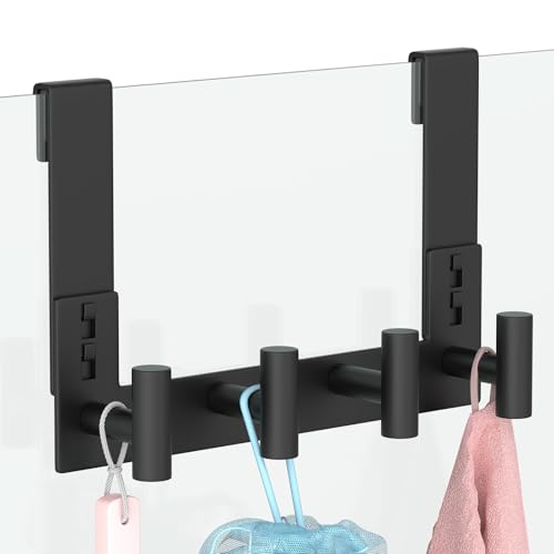 PMMASTO No-Drill Extra Long Shower Hooks, Fits 3/8" Thick Door, Heavy Duty Stainless Steel Towel Hooks for Frameless Glass Shower Door, Holds Bathrobe Towel (Black, 4 T-Hooks) - color: Black, size: 7.5 Inch-4 T-Hooks, Fits 3/8" Thick Door