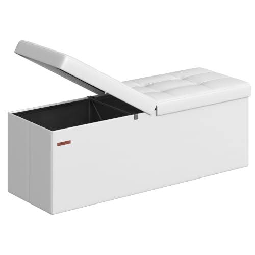SONGMICS MAZIE Collection - 43 Inches Storage Ottoman Bench with Flipping Lid, Storage Chest with Iron Frame Support, Load 660 lb, for Living Room, Bedroom, Synthetic Leather, White ULSF75WT - color: White, size: 15"D x 43"W x 15"H