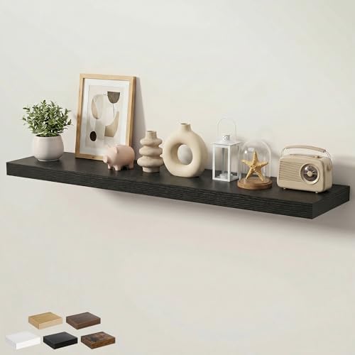 Floating Shelves for Wall 55 in x 9.3 in Deep, Wall Mounted Rustic Wood Shelf with Invisible Brackets for Storage & Display, Living Room Bedroom Bathroom, Black, 1 Pack - color: Black, size: 55 Inch, 1 pack