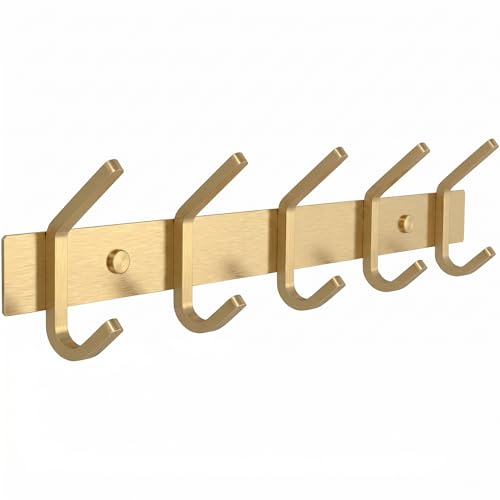 Brushed Gold Wall Mounted Coat Rack – 15 Inch Stainless Steel Rail with 5 Double Coat Hooks for Entryway, Bathroom, Bedroom, Kitchen – Modern Gold Hook Rack for Coats, Hats, Towels - color: Gold, size: 5 Hooks - 1 Pack