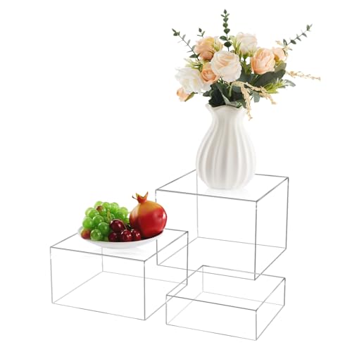 3Pcs Clear Acrylic Risers Display Stand, Acrylic Cube Box Stackable Nesting | Buffet Risers with Hollow Bottom Display Showcase for Figures Jewelry Perfume Handbag Food Dessert Party Show - color: Clear-3pcs