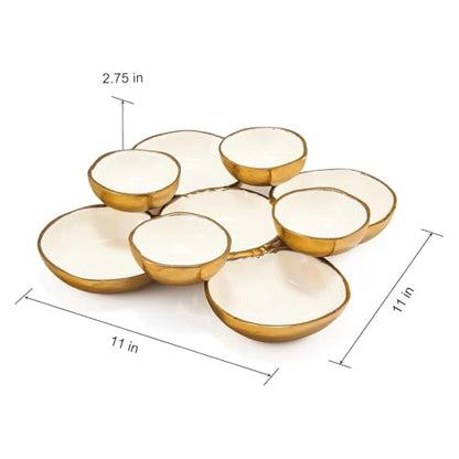 Cluster of 9 Serving Bowls, One-Piece Set, Gold White Brass Multi-Bowl Display Tray for Snacks Nuts Chips Appetizers, Modern Home Entertaining Centerpiece Dining Parties Housewarming Wedding Gifts 11" - color: Enamel White and Gold 9 Cluster 11"