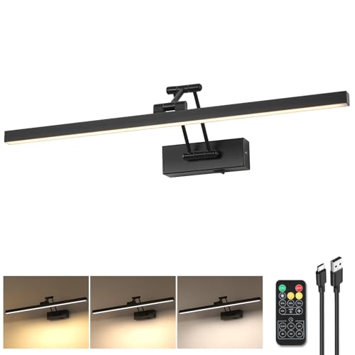 LED Battery Operated Picture Lights with Remote Wireless Art Lighting for Wall 23.6 Inch Rechargeable Painting Black Frame Light Dimmable 3CCT Gallery Light for Library Portrait - color: Battery Operated Black, size: 23.6 inch