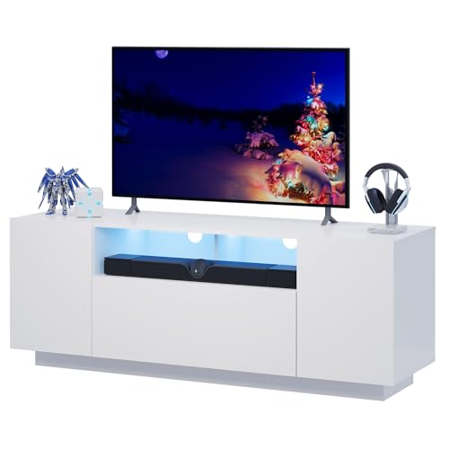 WLIVE TV Stand with LED Lights & Large Storage Cabinet, Modern Entertainment Center for 32/43/50/55 Inch TVs, Sturdy Media Console for Living Room, Bedroom, Gaming, White - color: White, size: 48'' Modern TV Stand