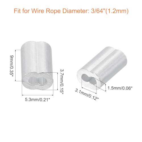 uxcell 100Pcs Aluminum Crimping Loop Sleeve for 3/64" Diameter Wire Rope, Double Ferrule Aluminum Wire Rope Sleeve for Cable Line End - size: 3/64"