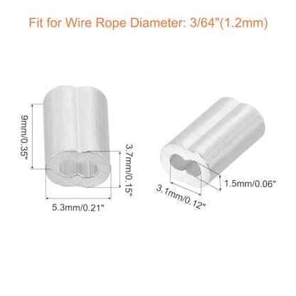 uxcell 100Pcs Aluminum Crimping Loop Sleeve for 3/64" Diameter Wire Rope, Double Ferrule Aluminum Wire Rope Sleeve for Cable Line End - size: 3/64"