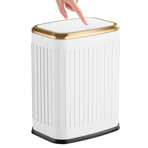TIPGO Bathroom Trash Can with Lid, 2.1 Gallon / 8 Liter Small Garbage Can, Press Top Bin, Stainless Steel Wastebasket with Pop-Up Lid for Bedroom, Living Room, Office (White) - color: White