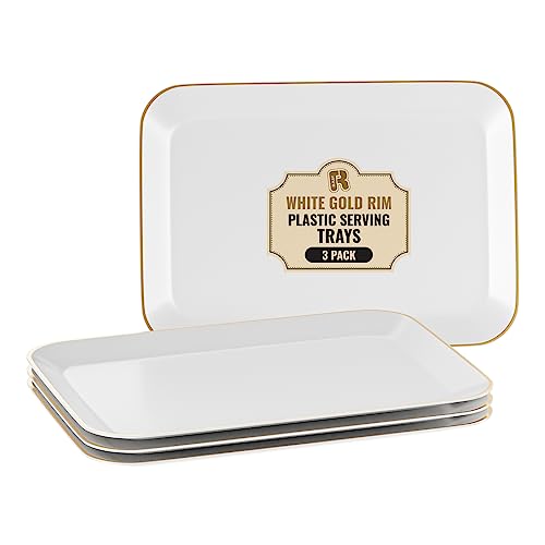 R-kay 3 Pack Plastic Serving Trays for Party - White and Gold Tray 8 by 11 in Heavy Duty Dessert Food Rectangular Premium Platters - color: White and Gold Rim