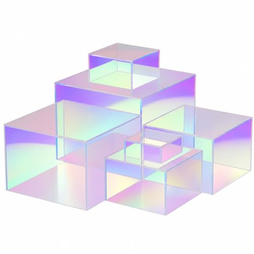 Geelin 6 Pack Acrylic Risers for Display Acrylic Cube Boxes Risers Display Stands with Hollow Bottoms Decorative Stand for Jewelry Candy Table Decor 6 Sizes (Iridescent,3 to 8 Inch,Square) - color: Iridescent, size: 3 to 8 Inch, style: Square