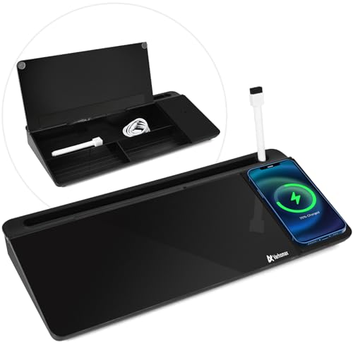 Varhomax Glass Desk Whiteboard Black with Wireless Charger, Desktop Dry Erase White Board with Storage,to Do List Memo Notepad for Home and Office - color: Wireless Charger-black