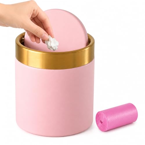 Mini Trash Can with Lid, Small Desktop Waste Bin with Swing Lid, 1.5L / 0.4 Gal Countertop Trash Bin for Desk, Vanity, Bathroom, Coffee Bar and Office, Pink - color: Pink