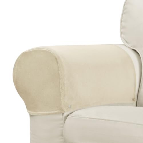 Velvet Armrest Covers for Chairs and Sofas Soft Stretch Couch Arm Cover Set of 2 Non Slip Sofa Armrest Slipcover Furniture Protector for Sofa, Couch, Armchair, Recliner, Beige - color: Beige