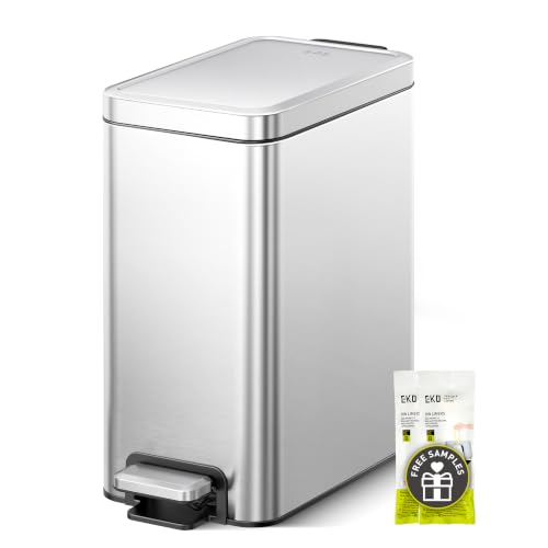 EKO Small Bathroom Trash Can with Lid Soft Close, Step Pedal, 10 Liter / 2.6 Gallon Stainless Steel Garbage Can with Removable Inner Bucket, Anti-Fingerprint Finish (Silver) - color: Stainless Steel, size: 10L