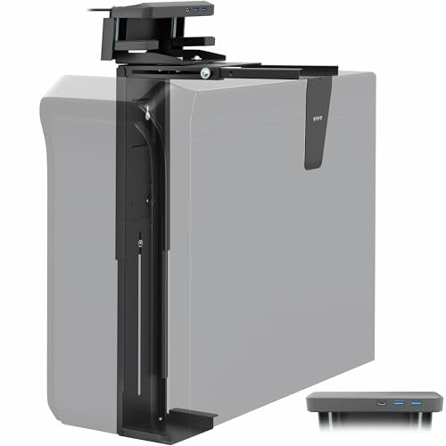 VIVO Adjustable Clamp-On Desk and Wall Installation Gaming PC Mount, USB Ports, Large Computer Case CPU Holder with Swivel Action and Secure Locking, Holds 44 lbs, Black, MOUNT-PCC2L