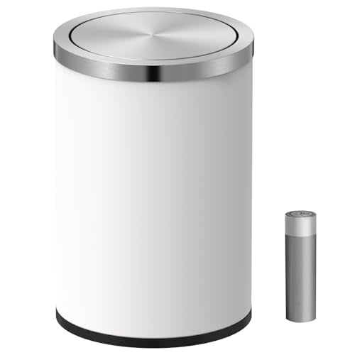 Mbillion Small Trash Can with Swing Lid 2.4 Gallons/9 Liter, Mini Trash Can with lid, Stainless Steel Cylindrical Garbage Can for Home and Office Bathroom Bedroom, for Ground and Desktop White - color: White 9L, size: 9 Liter