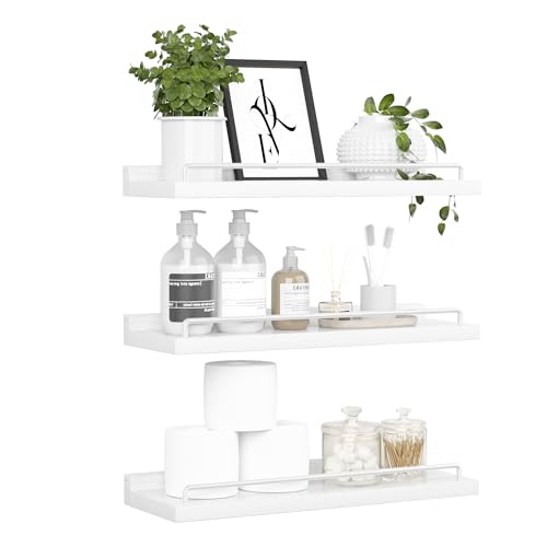 RYOFOBETTO Floating Shelves for Wall Decor, White Shelves for Bathroom, Living Room, Bedroom, Picture Frames, Plants, Kitchen (Set of 3) - color: White, size: 16"