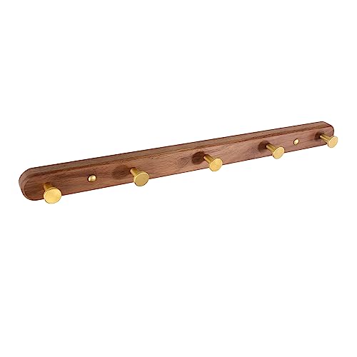 Wall Mounted Coat Rack, Entryway Hanging Coat Rack, Metal Wood Coat Rail with 5 Rustic Hooks Rail for Coat, Scarf, Bag, Towel, Key, Cap, Hat, Walnut Gold Matt - size: 5 Hooks - Round Shape