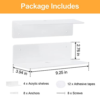 9 Inch Acrylic Floating Shelf No Drill Adhesive Wall Shelf Set of 4 for Funko Pop Storage, Floating Shelves Damage-Free Expand Wall Space for Living Room, Bathroom, Gaming Room, Office - White - color: White