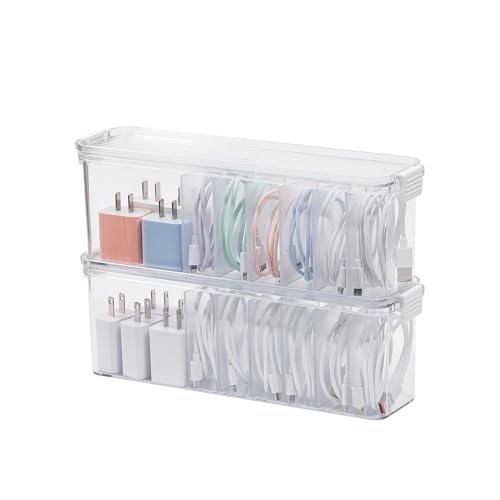 2 Pack Cord Organizer Box for Desk Drawer, Clear Phone Charger Cable Storage Container with Lid