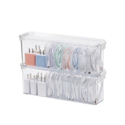 2 Pack Cord Organizer Box for Desk Drawer, Clear Phone Charger Cable Storage Container with Lid