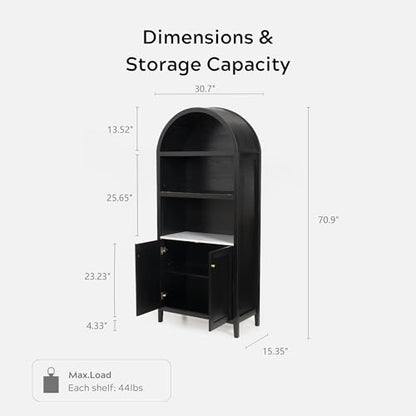 EYYTHUNG 71" Tall Arched Cabinet, 5-Tier Arched Bookcase Storage Display Cabinet with Doors and Shelves, Modern Farmhouse Bookshelf Kitchen Pantry Cabinet for Living Room Dining Room, Black - color: Black