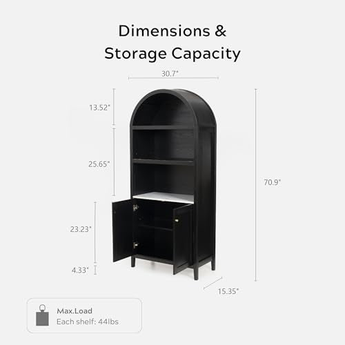 EYYTHUNG 71" Tall Arched Cabinet, 5-Tier Arched Bookcase Storage Display Cabinet with Doors and Shelves, Modern Farmhouse Bookshelf Kitchen Pantry Cabinet for Living Room Dining Room, Black - color: Black