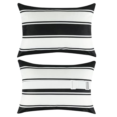 Adabana Outdoor Waterproof Pillow for Chaise Lounge Chair 2 Pack Black and White Stripe Headrest Pillow Lumbar Adjustable Strap for Beach Poolside Patio Office Patio Garden - color: White and Black Stripes