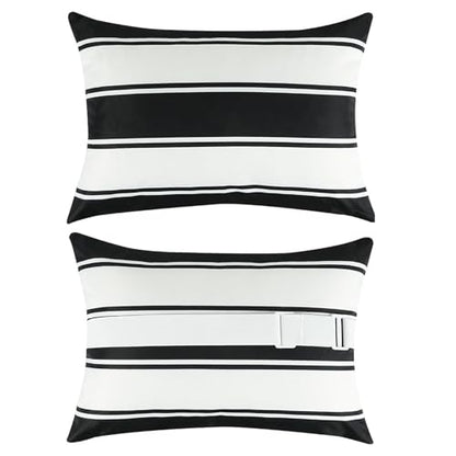 Adabana Outdoor Waterproof Pillow for Chaise Lounge Chair 2 Pack Black and White Stripe Headrest Pillow Lumbar Adjustable Strap for Beach Poolside Patio Office Patio Garden - color: White and Black Stripes