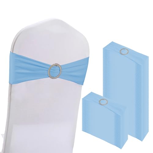 WJWHQ 100PCS Spandex Stretch Chair Sashes Bows Elastic Chair Cover Bands Ties with Buckle Slider for Wedding Party Reception Events Universal Ceremony Banquet Decorations(Baby Blue) - color: Baby Blue