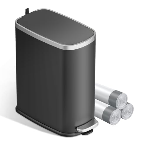 KUK Slim Bathroom Trash Can with Lid Soft Close, Step Pedal, 2.6 Gal/ 10L Stainless Steel Garbage Can with Removable Inner Bucket, Anti-Fingerprint Wastebasket for Office, Bedroom, Toilet (Black) - color: Matt Black-P2