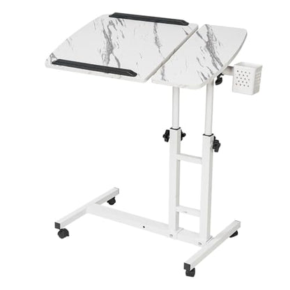 Overbed Table,Adjustable Laptop Desk with Cart, Computer Workstation, Bed Side Table, Tiltable Table and Mouse pad for Laptop-Marble White