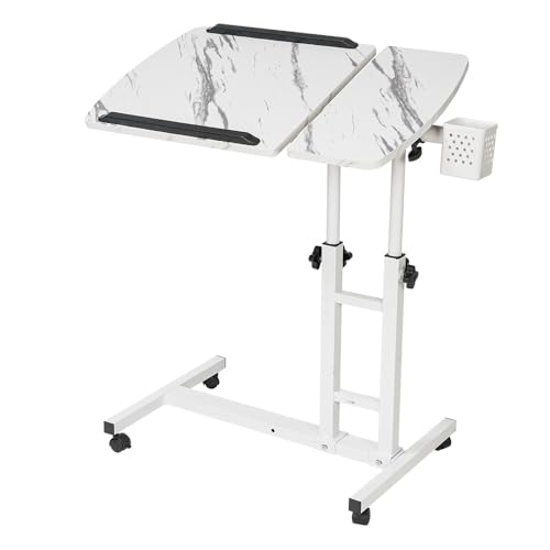 Overbed Table,Adjustable Laptop Desk with Cart, Computer Workstation, Bed Side Table, Tiltable Table and Mouse pad for Laptop-Marble White