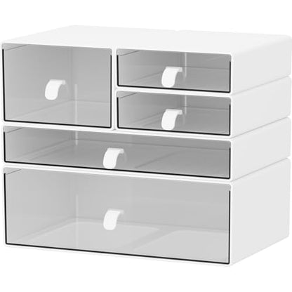 Desk Organizer Set, White & Clear Stackable Dustproof Storage Boxes for Desktop, Office, Bathroom, DIY Craft & Vertical Space Saving, Perfect for Makeup, Stationery Organization (5 Drawer) - size: 5 drawer white & clear