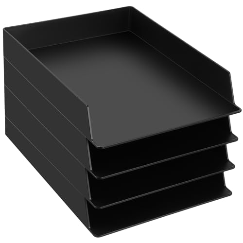 Wenqik 4 Pcs Stackable Paper Trays Rectangular Plastic Desk Holder Desktop Document File Organizer Storage Letter for Office Classroom (Black) - color: Black
