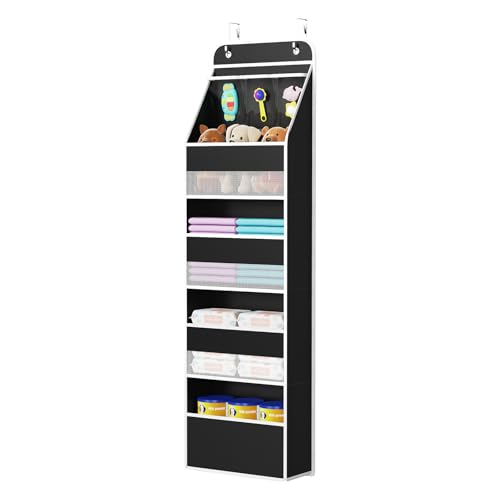 Univivi 5-Shelf Fabric Door Storage Over Door Hanging Organizer with 4 Large Pockets and 3 Small PVC Pockets Nursery Closet Cabinet Wall Mount Hanging Storage Organizers for Baby Nursery (Black) - color: Black, size: 5 LAYER
