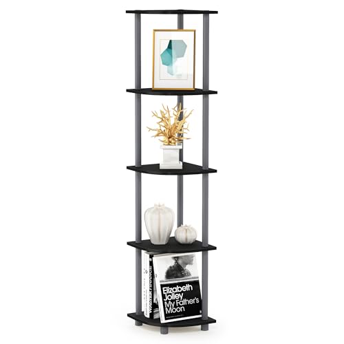 Furinno TURN-N-TUBE Corner Shelf, 5-Tier Corner Bookshelf, Open Storage Shelves, for Organization and Storage, Living Room, Home Office, Garage, Bedroom, Black
