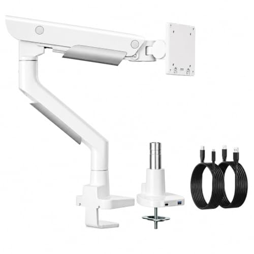 monTEK Sleek Aluminum Monitor Arm for 17–57” Ultrawide Screens up to 59.4 lbs, USB 3.0 A/C, Heavy Duty Single Monitor Arm Desk Mount, Pneumatic Lift, Quick-Release Plate, Clamp/Grommet, VESA 100x100 - color: White, size: Single Arm with USB