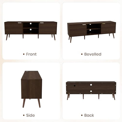 TV Stand for Living Room to 55/60/65/70 Inches, Mid Century Modern TV Consoles with Power Outlet, Entertainment Center with Door Cabinets and Open Shelves for Living Room, Bedroom, Walnut